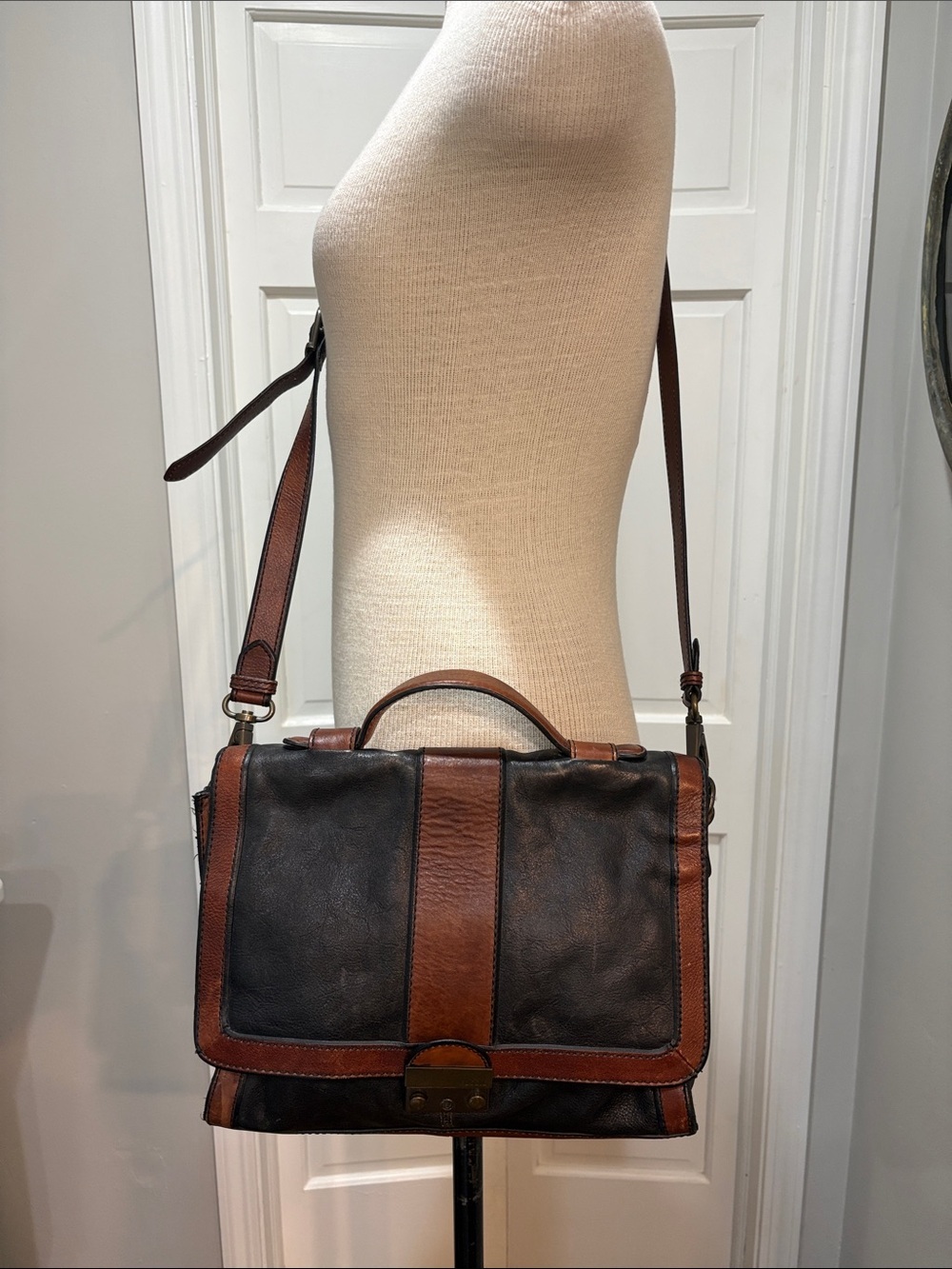 Fossil Vintage Reissue two tone leather crossbody in whiskey brown & black